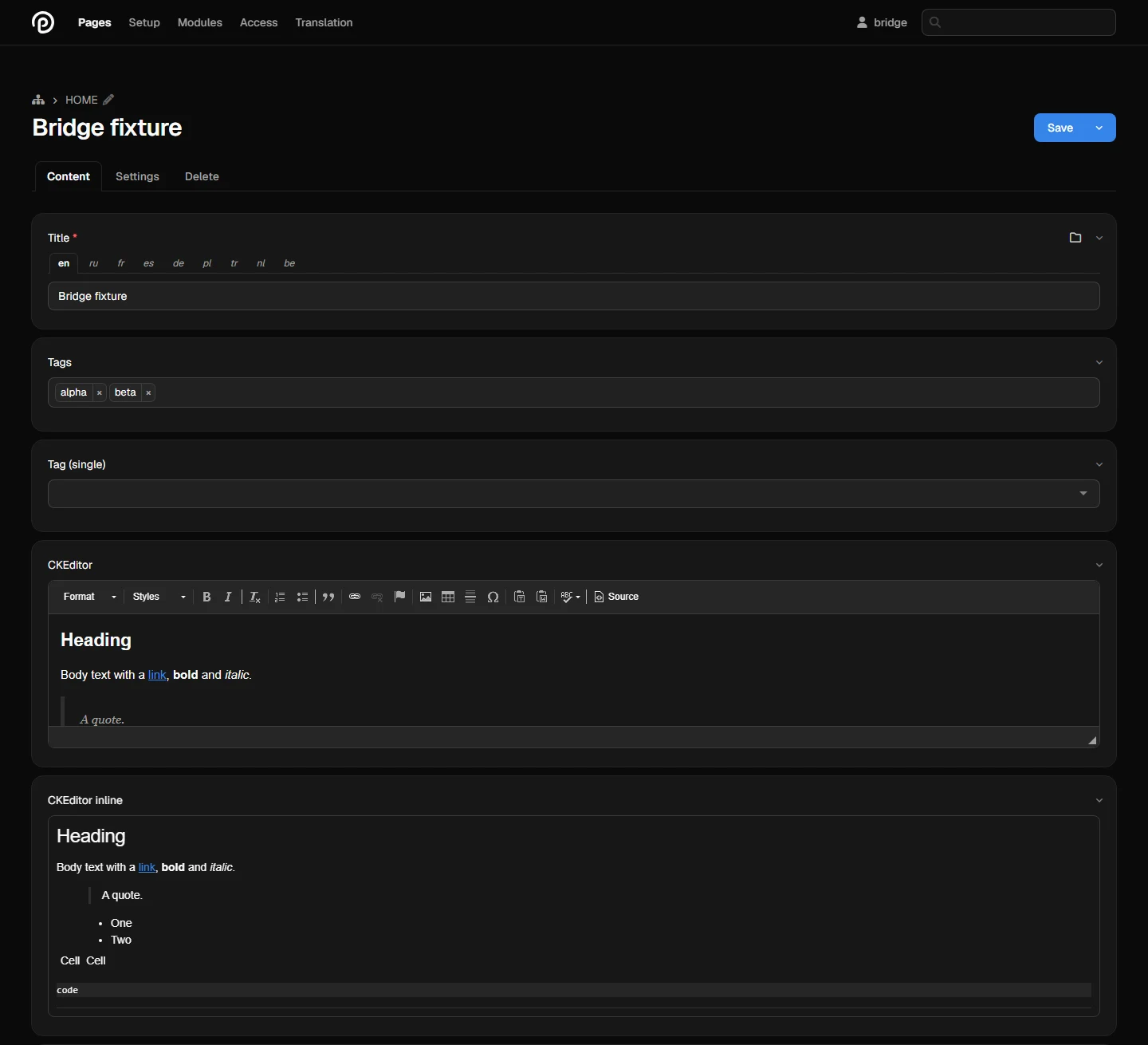 CKEditor — поле эпохи jQuery, как и TinyMCE. На таком экране Bridge подгружает для них старый стек, а тёмная схема дотягивается и до самих редакторов.